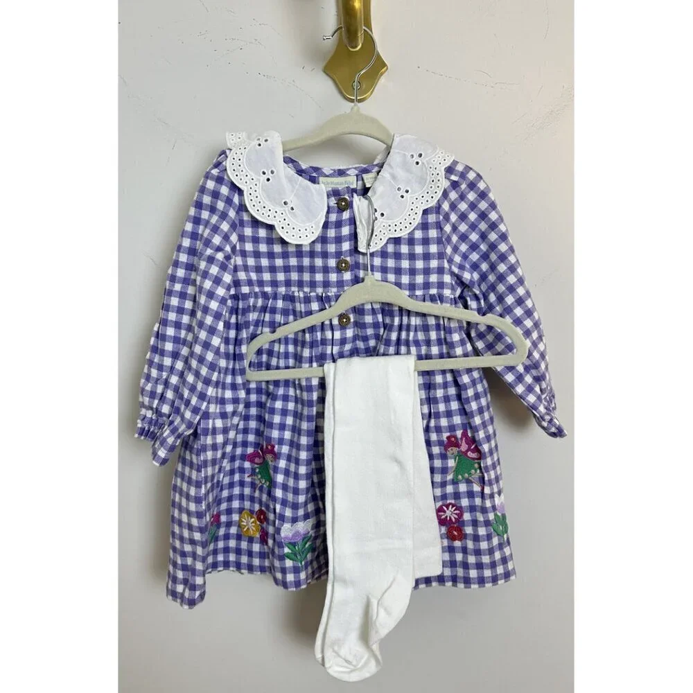 JoJo Maman Bebe Lilac Purple Fairy Applique Gingham Baby Dress & Tights Set